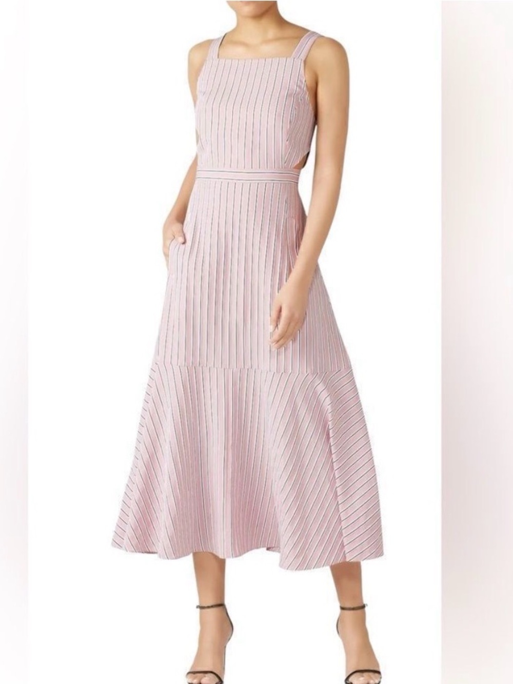 Tibi SZ 0 grey, white, blue striped strappy pinafore dress. 36" from waist.